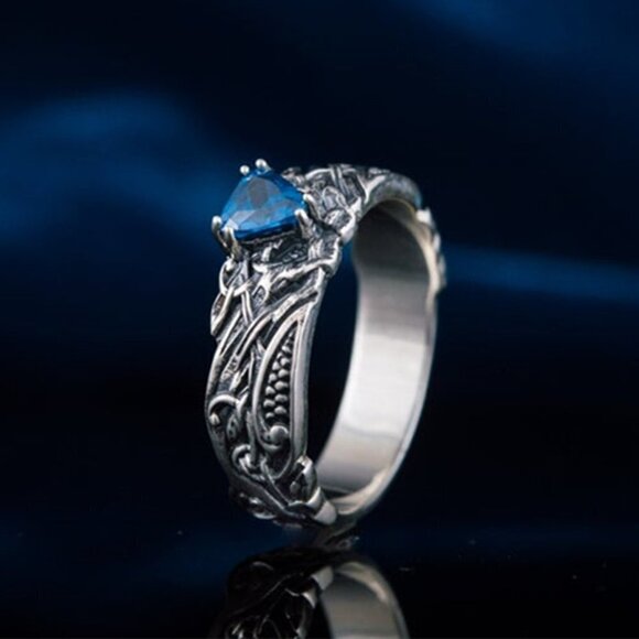 💝 High Quality Carved Dainty Triangle Blue Stone Ring for Women, PD613 - Picture 6 of 8
